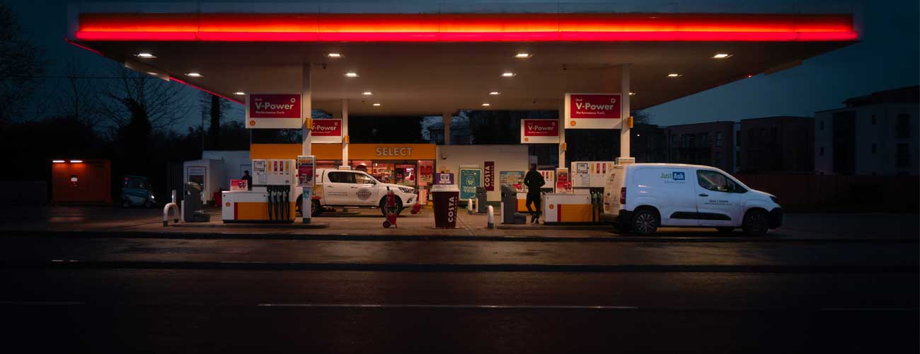 Shell garage at night